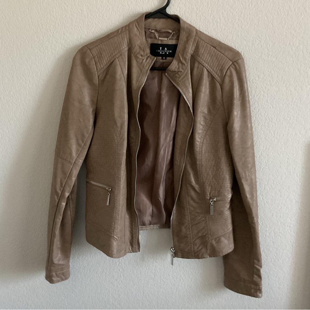 LA Coalition Women’s Motorcycle Biker Jacket Beige Brown Zip Up Pockets- Small